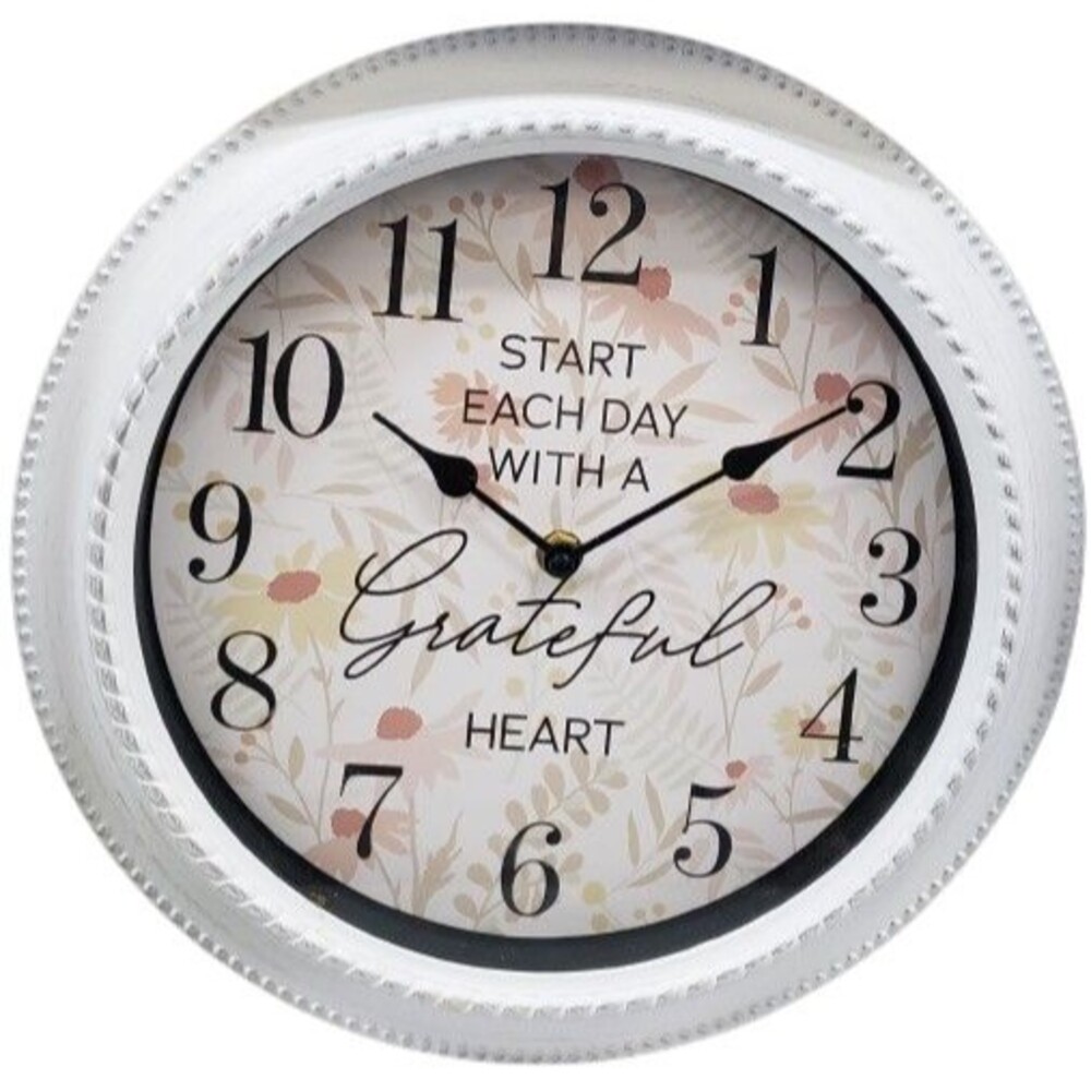 Plastic Wall Clock, 12.2", white rim, START EACH DAY WITH A GRATEFUL HEART, MS